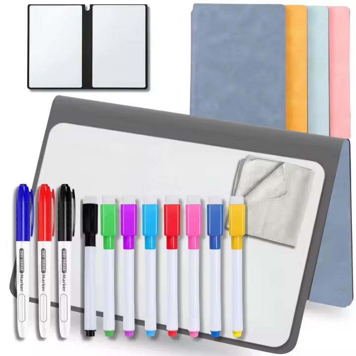 MandA® PIZARRA BLANCA pequeña | CUADERNO Pizarra PLEGABLE, BORRABLE y PORTÁTIL | Pizarra Rotulador | 2 x A5 + 8 Rotuladores + Gamuza - Cuaderno de pizarra | Accesorios OFICINA | ESTUDIAR | Gris. - 1