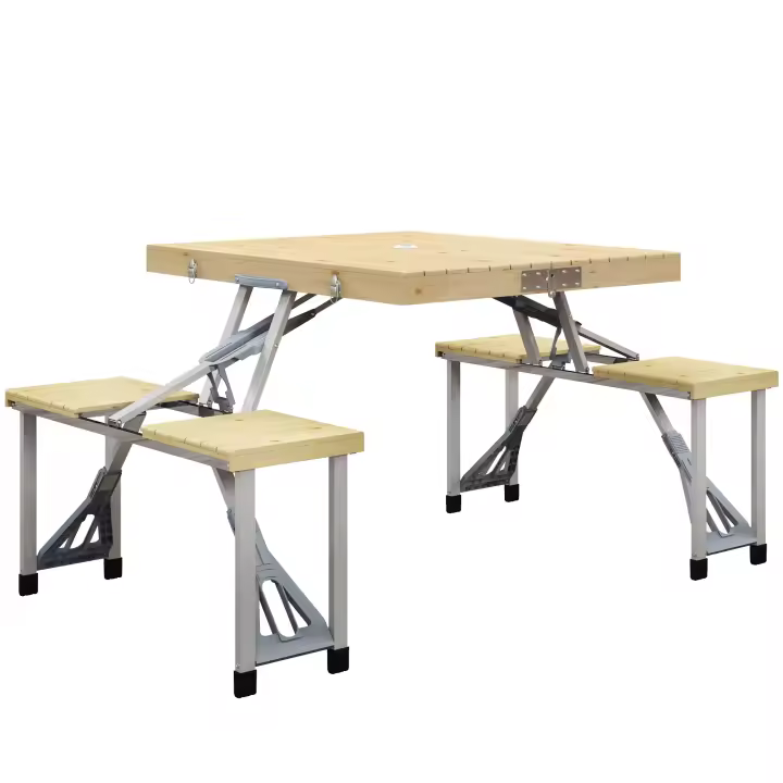 Outsunny Mesa de Camping Plegable 86x72,5x67 cm Mesa de Playa con Asientos Orificio para Sombrilla y Marco de Aluminio para Patio Jardín Terraza Natural - 1