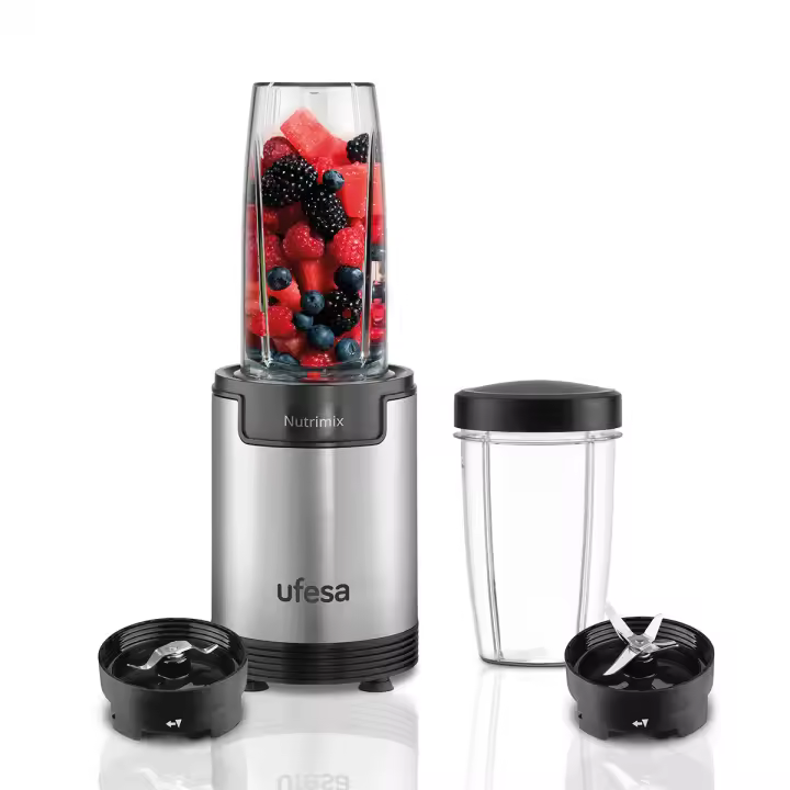 Ufesa - Batidora NutriMix BS2500 900W para batidos saludables con extracción máxima de nutrientes, cuchillas de acero inoxidable y 6 accesorios incluidos (vaso 0,8L + 0,5L, moledor, tapas) - 1