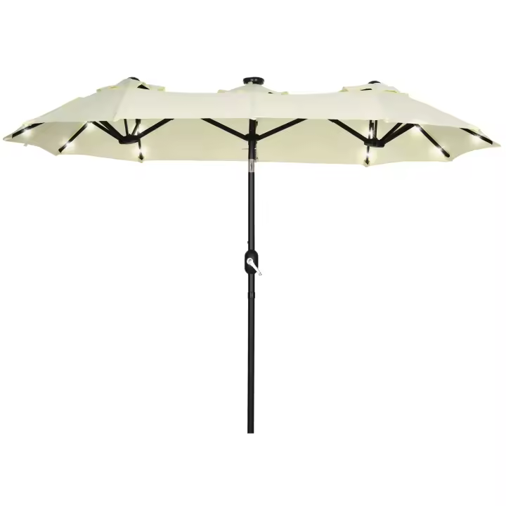 Outsunny Sombrilla Doble con Luces LED 280x146x227 cm Sombrilla de Jardín con Inclinación de 45° Manivela y Costillas de Acero para Terraza Balcón Piscina Beige - 1