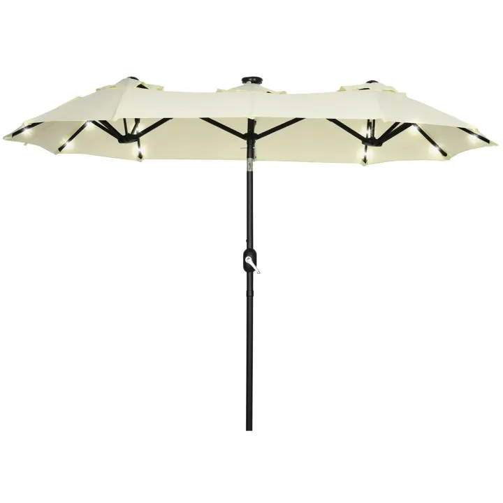 Outsunny Sombrilla Doble con Luces LED 280x146x227 cm Sombrilla de Jardín con Inclinación de 45° Manivela y Costillas de Acero para Terraza Balcón Piscina Beige - 1