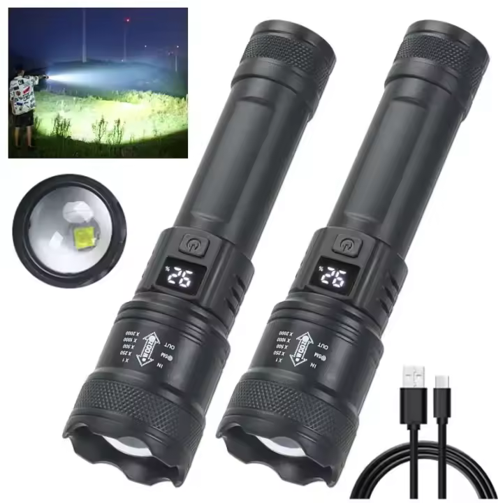 Linterna Táctica Recargable USB De Alta Potencia 2000LM Con Batería Integrada Luz Fuerte Resistente Al Agua Para Camping Y Senderismo - 1