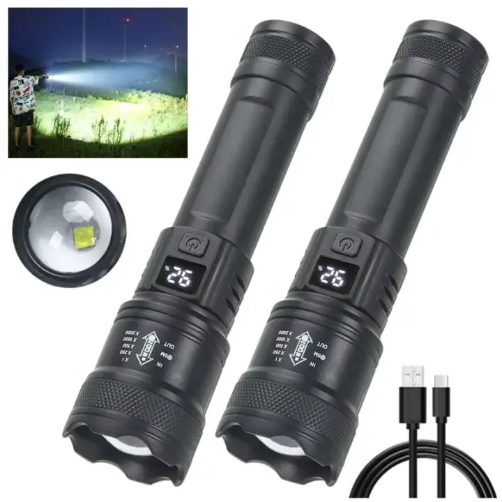 Linterna Táctica Recargable USB De Alta Potencia 2000LM Con Batería Integrada Luz Fuerte Resistente Al Agua Para Camping Y Senderismo - 1