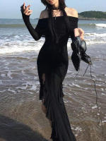 Vestido Largo Elegante Y Moderno IAMSURE Con Volantes Y Abertura En El Costado Estilo Gótico Para Mujer Manga Larga Cuello Abierto Maxi Vestido Para Playa Y Fiestas Navideñas - details 11