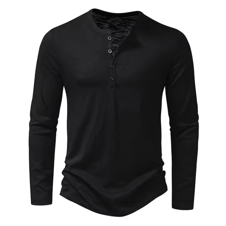 Camiseta De Algodón Para Hombre Con Botones Manga Larga Estilo Henley Color Sólido Transpirable Moda Versátil Slim Fit Casual - 1