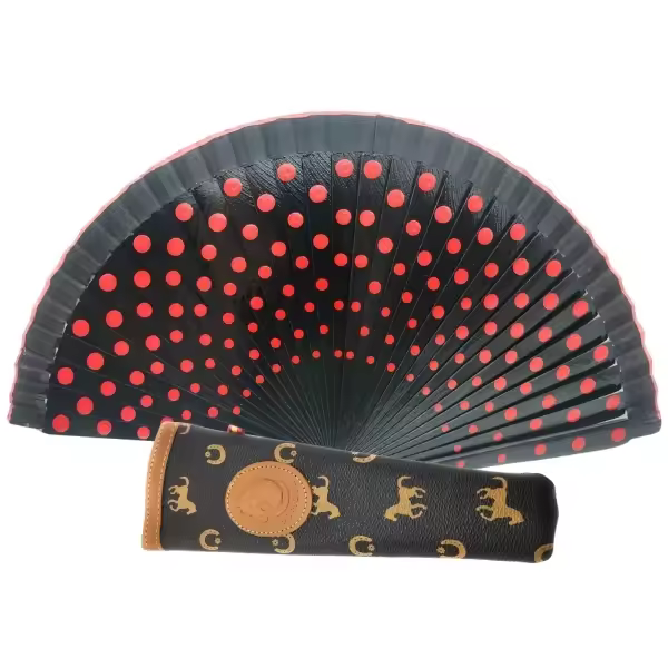 Abanico Color Negro con Lunares Rojos. Abanico de Madera. Con una Funda para Proteger el Abanico hecha en España. - 1