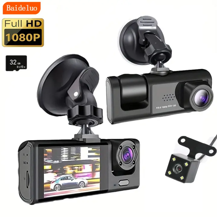 Dash Cam W/ IR Night Vision Loop Recording & 2" IPS Screen 1080P 3 Camera - 1