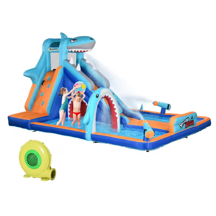 Outsunny Castillo Hinchable Infantil 6 en 1 Castillo Hinchable para Niños con Tobogán Piscina Muro de Escalada Cañón de Agua y Bolsa de Transporte Temática de Tiburón 440x350x240 cm Multicolor - 1