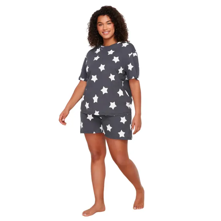 Trendyol Anthracite Star Patterned Shorts Knitted Pajama Set Tbbss24Ai00027 - 1
