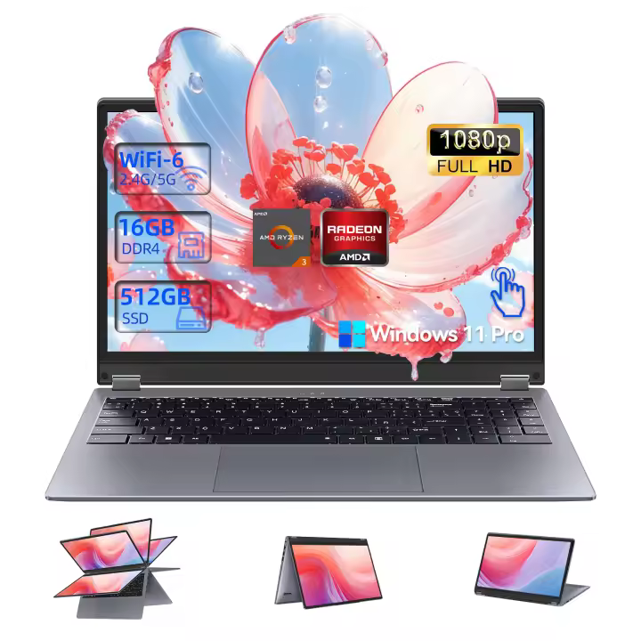 VANWIN Portátil 2 en 1 de 15,6 "con 16 GB de RAM y 512 GB de SSD, AMD Ryzen™Tipo-C, USB 2,0*2, USB 3,2*1, HDMI, RJ45, 3 3200U (Hasta 2,6 GHz), 11 Pro Windows, 1920*1080 FHD IPS, WiFi5, 5000 mAh, Pantalla giratoria de 360 Grados y teclado en Español. - 1