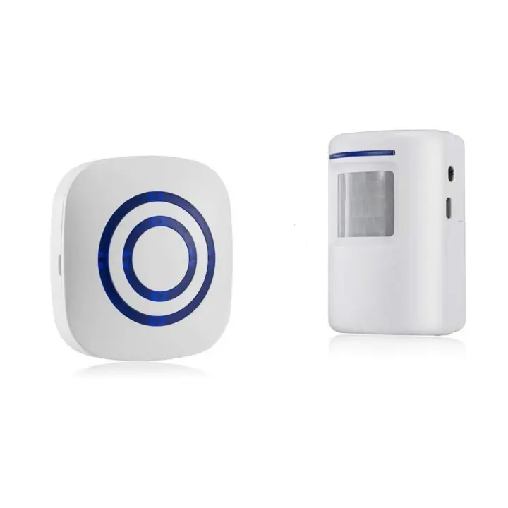 Alarma de entrada Hommyfine, sistema de alarma inalámbrico con detector de movimiento, velocidad de acceso, timbre de movimiento con 38 tonos de llamada, alarma de entrada con pantalla LED azul - 1