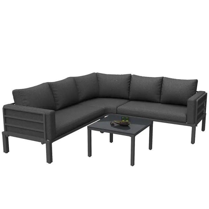 Conjunto de muebles de Jardín (4-5 plazas), 1 Mesa de Centro con Cristal Templado, Estructura de Hierro galvanizado, muebles de Jardín confortibles, muebles de asiento gris y muebles ajustables - 1