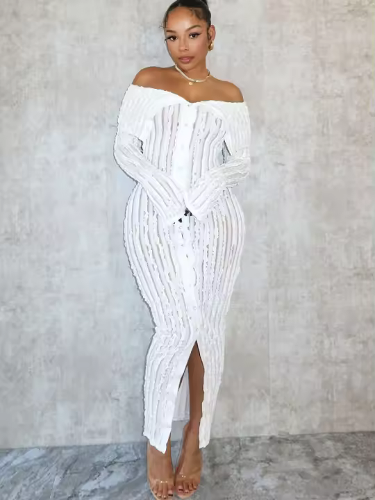 Beyprern Vestido Midi De Mujer Elegante Con Pliegues Y Hombros Descubiertos Translúcido Ajustado Para Fiesta Noche Club - 1