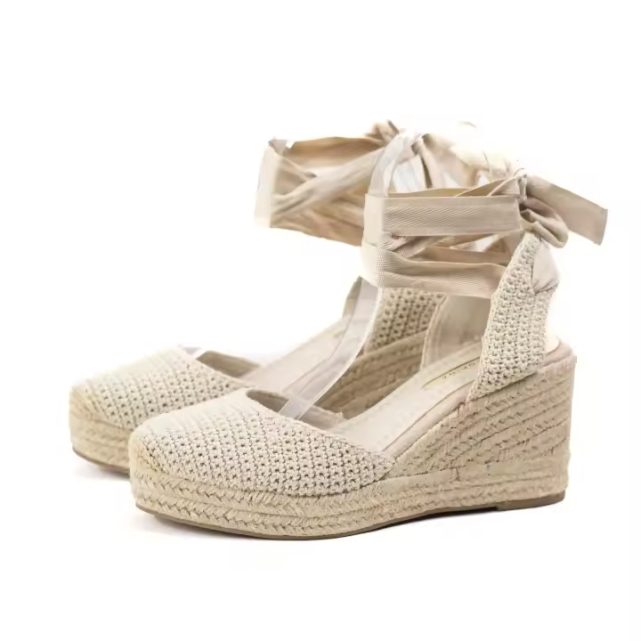 Alpargatas valencianas de cuña de espartos con plataforma y cintas, Sandalias de cuña crochet con cuña alta, tejido trenzado estilo fresco y elegante Mynzi - 1