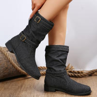 Botas De Motociclista Retro Para Mujer Talla Grande Punk Cowboy Con Hebilla Casual Moda Botas Hasta La Rodilla Material Denim Y Caña De Bote De Lona - details 11