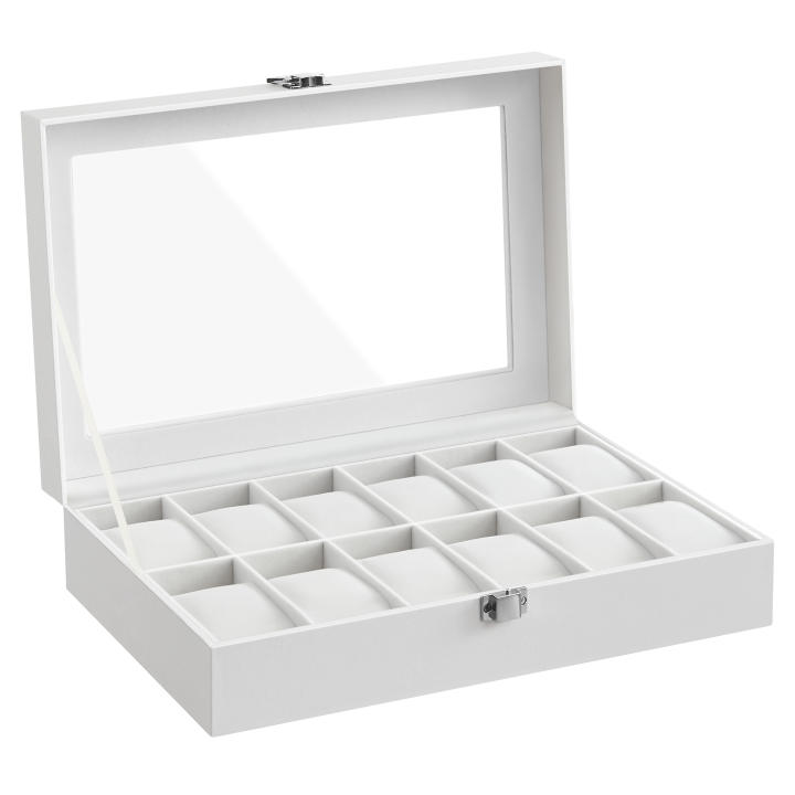SONGMICS Caja de Relojes con 12 Compartimentos, Estuche de Relojes con Tapa de Cristal, Cojín Extraíble, Cierre Metálico, Regalo, Cuero Sintético Blanco y Forro Blanco, Regalo de Navidad