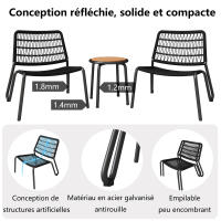 Bistro Set Muebles de Balcón de Maple galvanizado 3 piezas, Cuerda trenzada a mano, tablero de Madera, Silla con capacidad de carga de 160 kg, para Terraza, Jardín y balcón, Negro - details 2