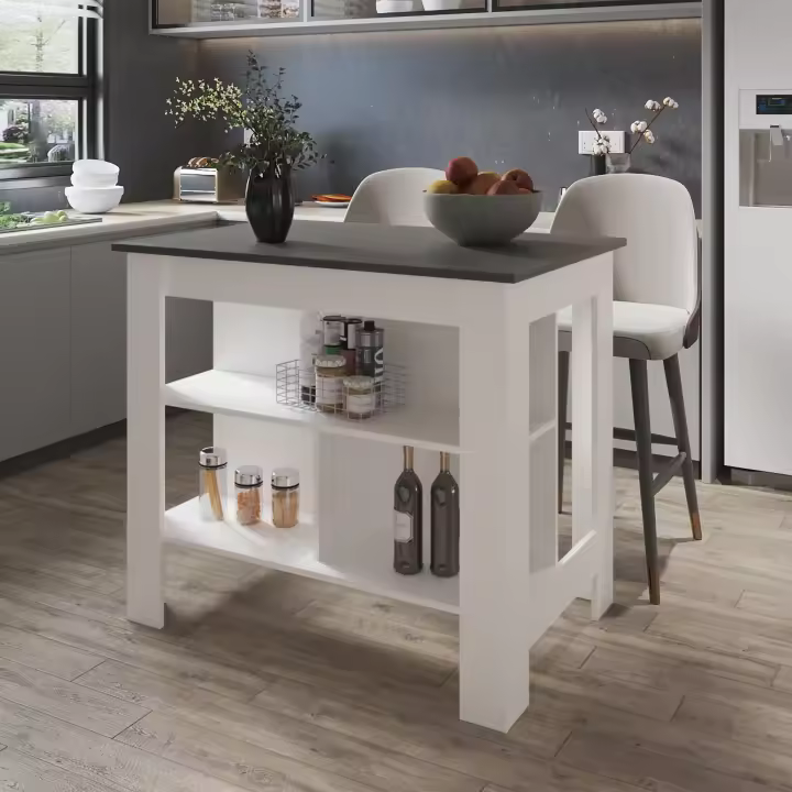 Isla de cocina Cala en melamina con 3 estantes ,  Plomo / Blanco , 90 cm X 103 cm X 70 cm - 1