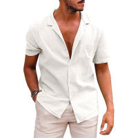 Camiseta de manga corta de lino de verano para hombre, talla grande, sudadera holgada, cárdigan con botones de color liso, camisa de algodón y lino para hombre - details 30
