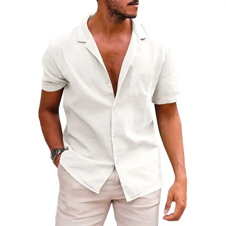 Mov Camiseta de manga corta de lino de verano para hombre, talla grande, sudadera holgada, cárdigan con botones de color liso, camisa de algodón y lino para hombre - 1