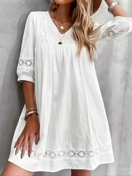 Vestido De Verano Estilo De Vacaciones Con Encaje Y Parches En Color Sólido Y Cuello En V Vestido De Algodón Suelto Y Manga De Luces - 1