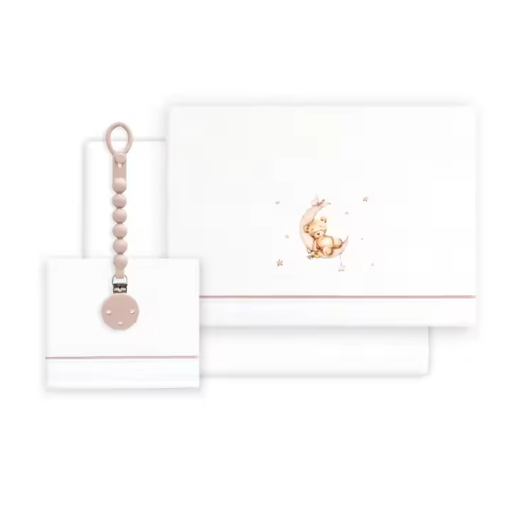 Triptico de Cuna Estampado Oso Luna Estrella + Chupetero, Color Blanco-Rosa, Interbaby - 1