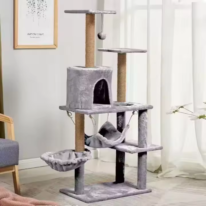 Árbol para Gatos, 5 Niveles con Hamaca y Casa, 137 cm de Altura, Gris - 1