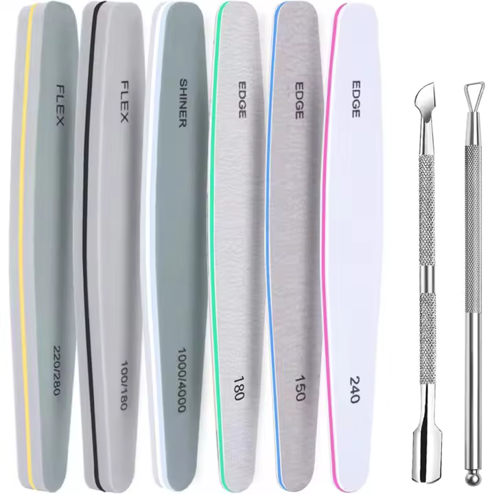 6 Pcs Lime à Ongles Professionnelles  Limes à ongles Kit Lime à Ongles Double Faces Polissage Ponçage, avec 2 Pcs Pousse Cuticule Metal, Pour la manucure, la maison et un salon - 1