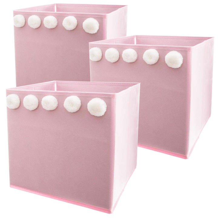 Wellhome - Set de 3 Cajas de Almacenamiento Infantil Rosa con Pompones