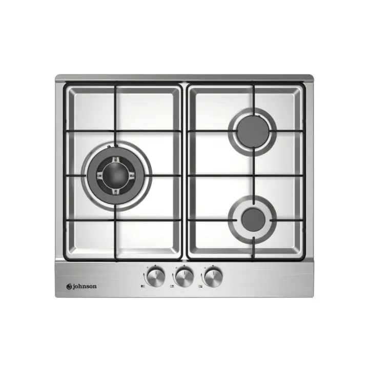 Encimera de Gas Inoxidable Marca Johnson, con 3 Zonas de Cocinado, Autoencendido, Fuegos de Triple Llama, Semi-Rápido y Auxiliar, Válvula de Seguridad, Mandos en Plata, Preparada para Gas Butano, Kit Gas Natural Incluido, Control Mecánico - 1