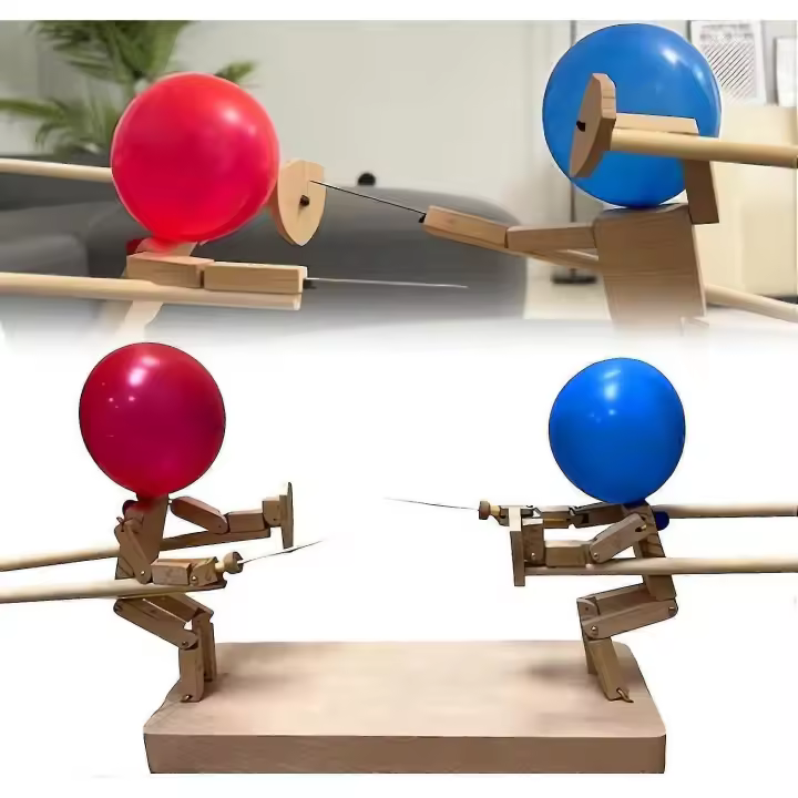 2 jugadores de globo de bambú hombre batalla-marionetas de esgrima de Madera hechos a mano para emocionantes batallas de 2 jugadores-Juego de fiesta de lucha de globo lleno rápido - 1