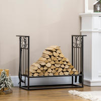 HOMCOM Estante para Leña de Chimenea 75x30x60 cm Soporte para Leña Tradicional Portaleña de Diseño Vintage con 4 Herramientas Base Elevada Carga Máx. 100 kg Acero para Interior y Exterior Negro - details 1