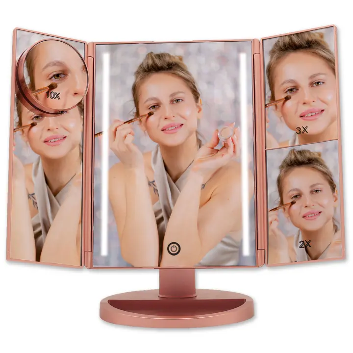 Espejo Maquillaje con Luz Bellatrix de Boston Tech®  Ampliación 1X/2X/3X/10X   3 Pliegues Ajustable + Barra de luz LED + Rotación Ajustable de 180 °  Fuente de alimentación Doble + Pantalla Táctil - 1