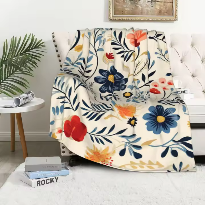 Thin Floral Print Throw Blanket Gift for Men Women, Beige Vintage Flower Pattern Boho Throw Blanket, Botanical Aesthetics Illustration, 50x60 inches, Flannel, 310 GSM, Hand/Machine Wash - 1
