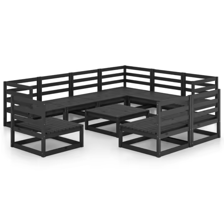 vidaXL Juego de muebles de jardín 10 pzas y cojines negro madera pino - 1