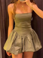 ZBZA Vestido Mini Chic Para Mujer Con Cintura Alta Y Mangas Spaghetti Estilo Balón De Punto De Poliéster Solado Sólido Con Patchwork - details 5