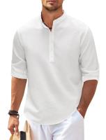 Camisa Larga Para Hombre Estilo Europeo Y Americano Cuello Erguido Botones Parcialmente Abiertos Casual Pirul Plaid Otoño - details 7