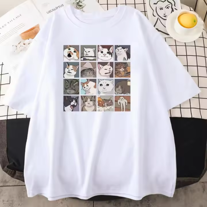 Camiseta De Algodón Grande Y Transpirable Para Hombres Con Diseño De Gatos De Meme Divertido Para La Playa Estilo Casual Sin Capucha Manga Corta - 1