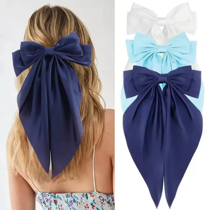 3Pcs Clip Para El Cabello Elegante De Lazo Grande En Satén Para Mujer Accesorios De Cabello Simples Y Solos Barretas De Moda - 1
