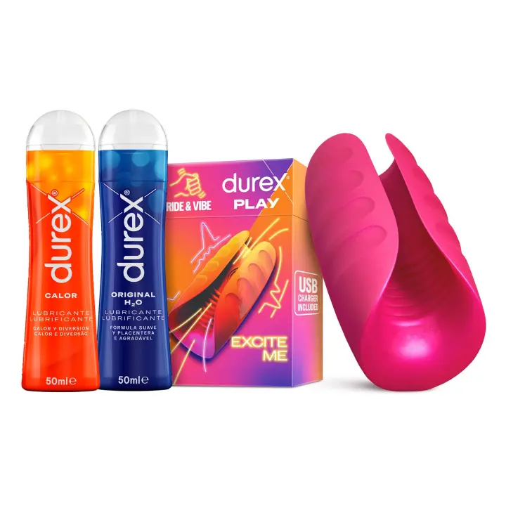 Durex - Masturbador de Pene, Vibrante y Suave, RIDE & VIBE +  Lubricante Original H2O 50 ml + Lubricante Calor 50 ml, Texturizado, Estriado, Juguete Sexual, Resistente al Agua - 1
