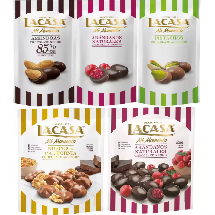 Lacasa Mi Momento pack de 5:Arándano  Negro 60 G,Pistacho  Leche 50 G,Almendra 85% 65 GArándano  Negro 125 G,Nueces  Leche 115 G - 1