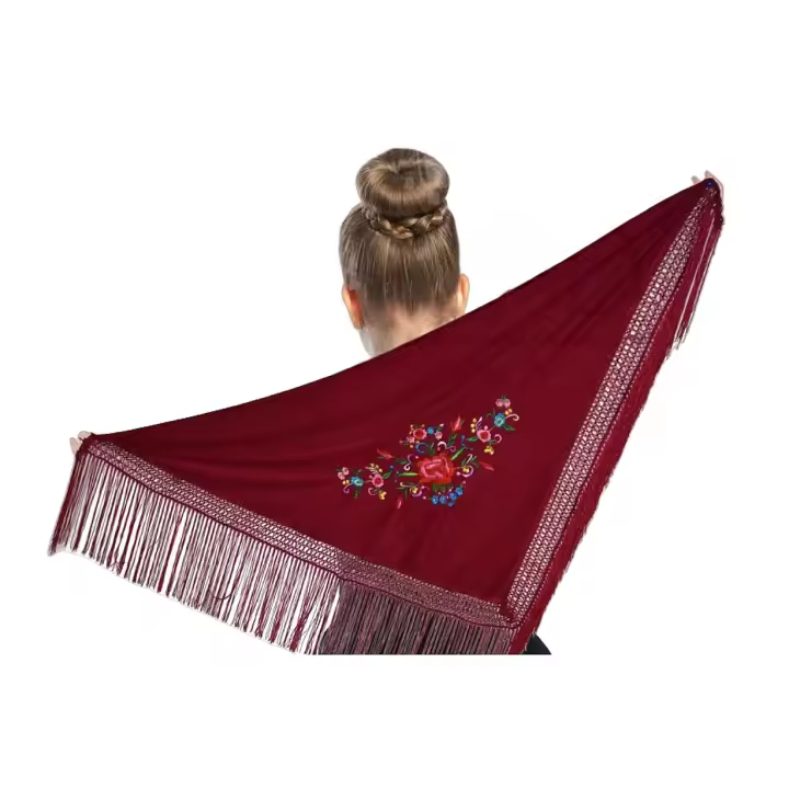 Mantón de Manila bordado de flor colores liso para niña, Manton de Flamenco para el Vestido de Feria, Sevillana o Flamenca Color Negro Rojo Blanco Rosa Azul 110cm x45cm - 1