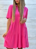 Vestido Mini Rojo Solido De Verano Para Mujer Con Volante Y Botones Estilo Casual Corto Manga Regular Cuello V Vestidos De Playa - details 7