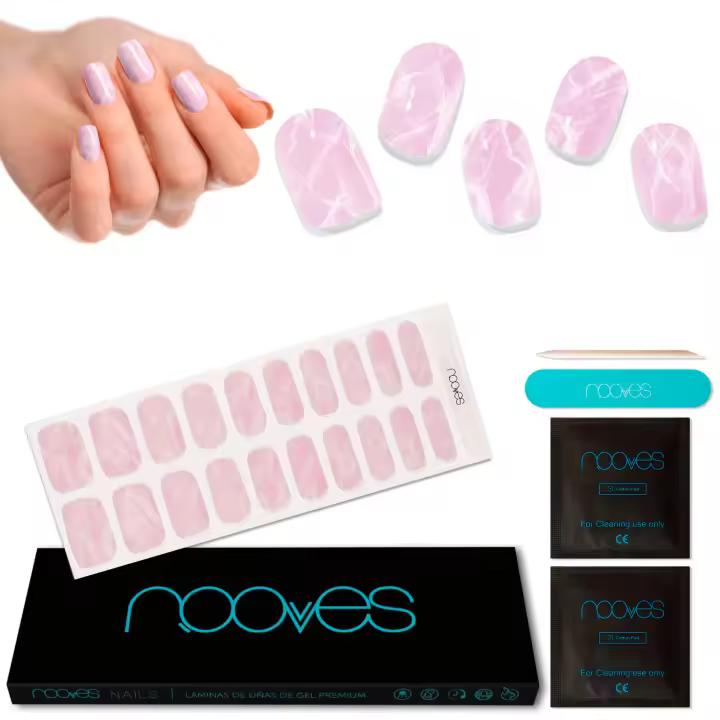 NOOVES - Láminas de Gel para Uñas Pink Marble - Rosa 20 uds, Uñas de Gel Semicuradas Premium, Gel Nail Stickers,Pegatinas Uñas de Gel, Incluye 1 Lima de Uñas y 1 Palito de Naranjo, Vegano - 1