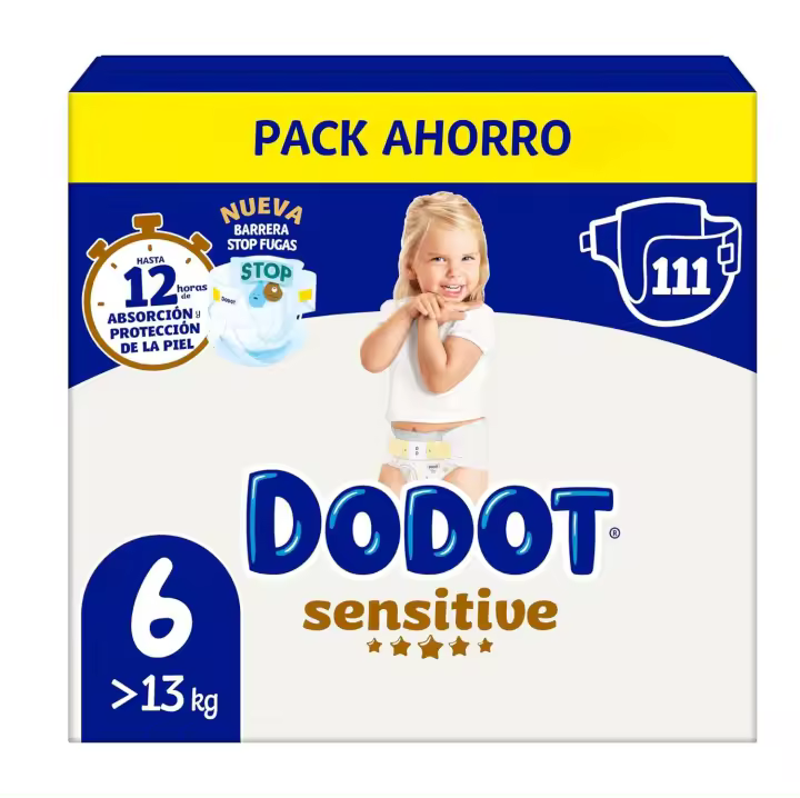 Dodot Sensitive Talla 6 (+13kg) Pack Ahorro 111 pañales para bebé con barrera Stop Fugas - 1