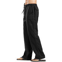 Pantalones Largos De Lino Para Hombre Verano Pantalones Deportivos Casuales Elásticos Ligeros Con Cierre De Cordón Color Sólido - details 7