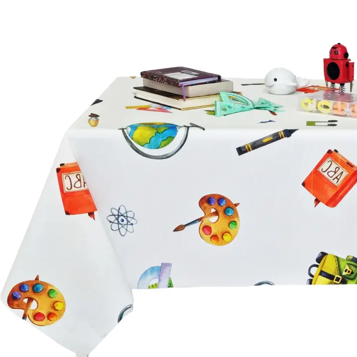 Mantel antimancha digital, Mantel lavable y impermeable, Ideal para hogar y dormitorio de niño, Para mesa rectangular, Caída decorativa, Estilo moderno, Dibujos infantil，Fondo blanca marfil ,multicolor, Lápiz,libro, globo,Ancho 137cm, DM155 - 1