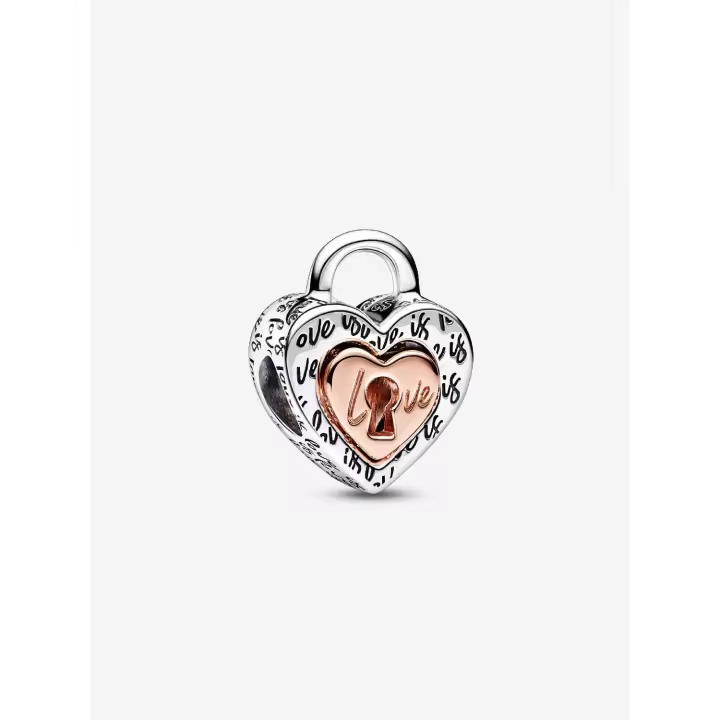 Pandora - Charm de corazón divisible with Candado bicolor - Plata de Lei, Baño de Oro Rosa de 14 K - 1