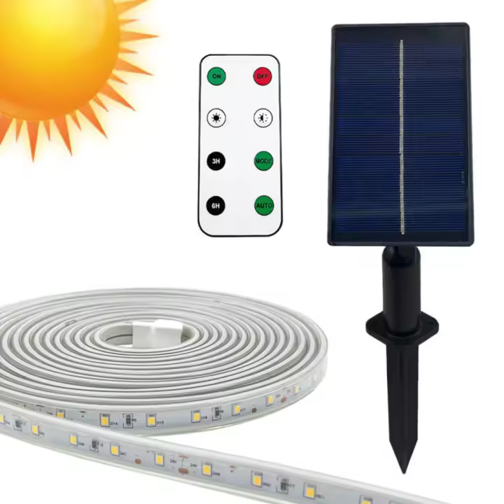 Tira de Luz Solar Exterior Regulable, 3.2V, Flexible, Impermeable IP65, Luces Led con Mando a Distancia y Pica para jardín, Luz cálida 2700K - 1
