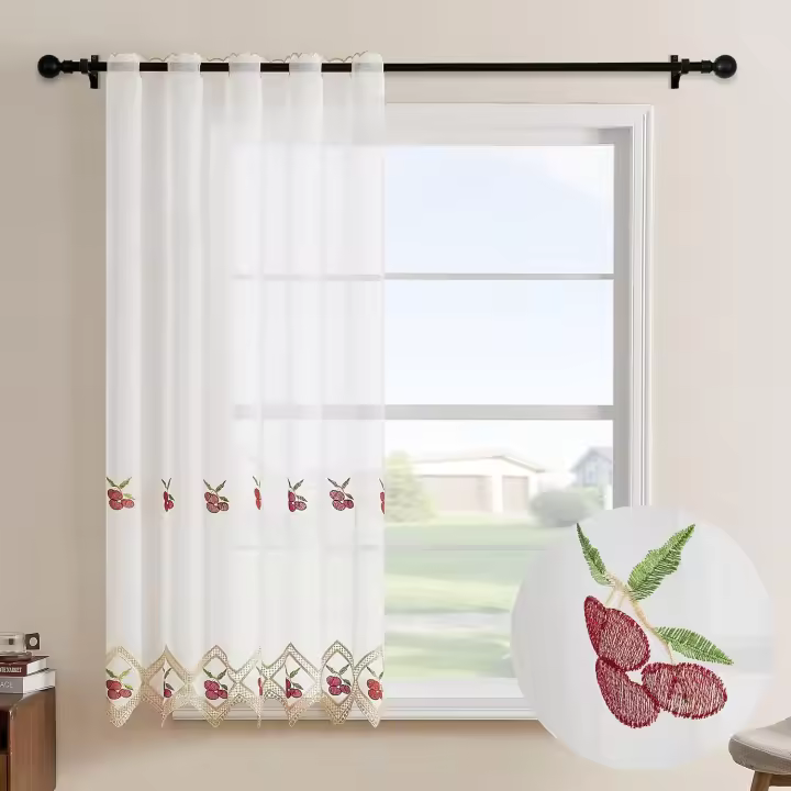 Cortina de Cocina Transparente con Bordado Floral, Visillo de Encaje Decorativo, Cortina Corta para Ventana, Estilo Campestre, 105x140 cm / 150x140 cm - 1